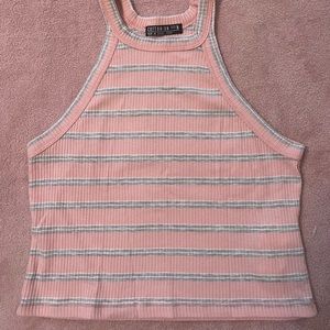 Cute high neck crop top/tank top in light pink grey & white. Perfect for summer